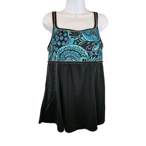 Longitude Flyaway Swimdress Womens Size 14 Black Blue Print 1-Piece Gold Accents